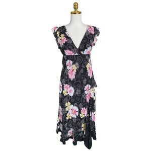 Chesley Vintage Y2K 90s Black Babydoll Chiffon Floral Whimsical Midi Dress Sz M
